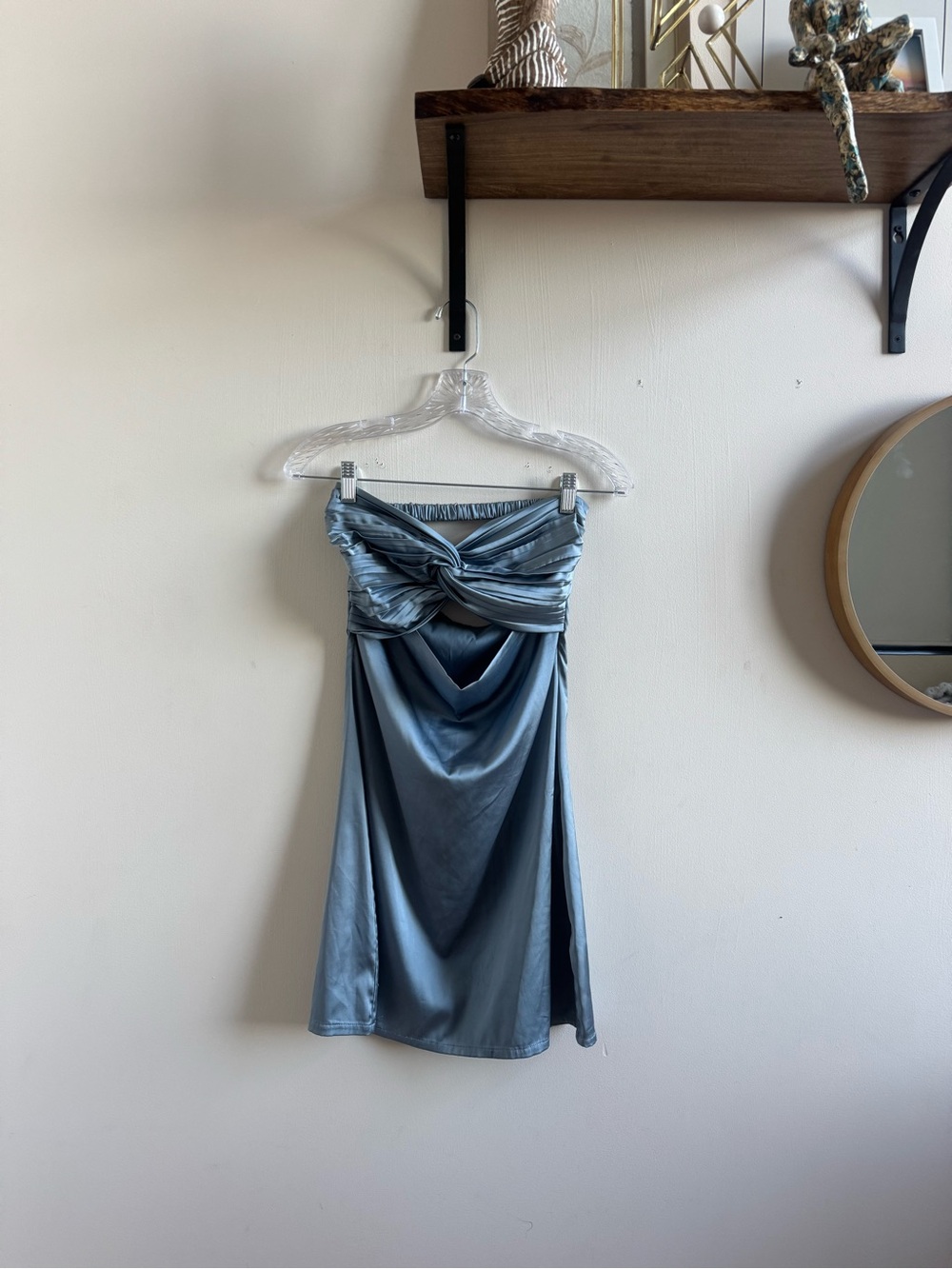 Strapless Satin Twist-Front Dress in Slate Blue
